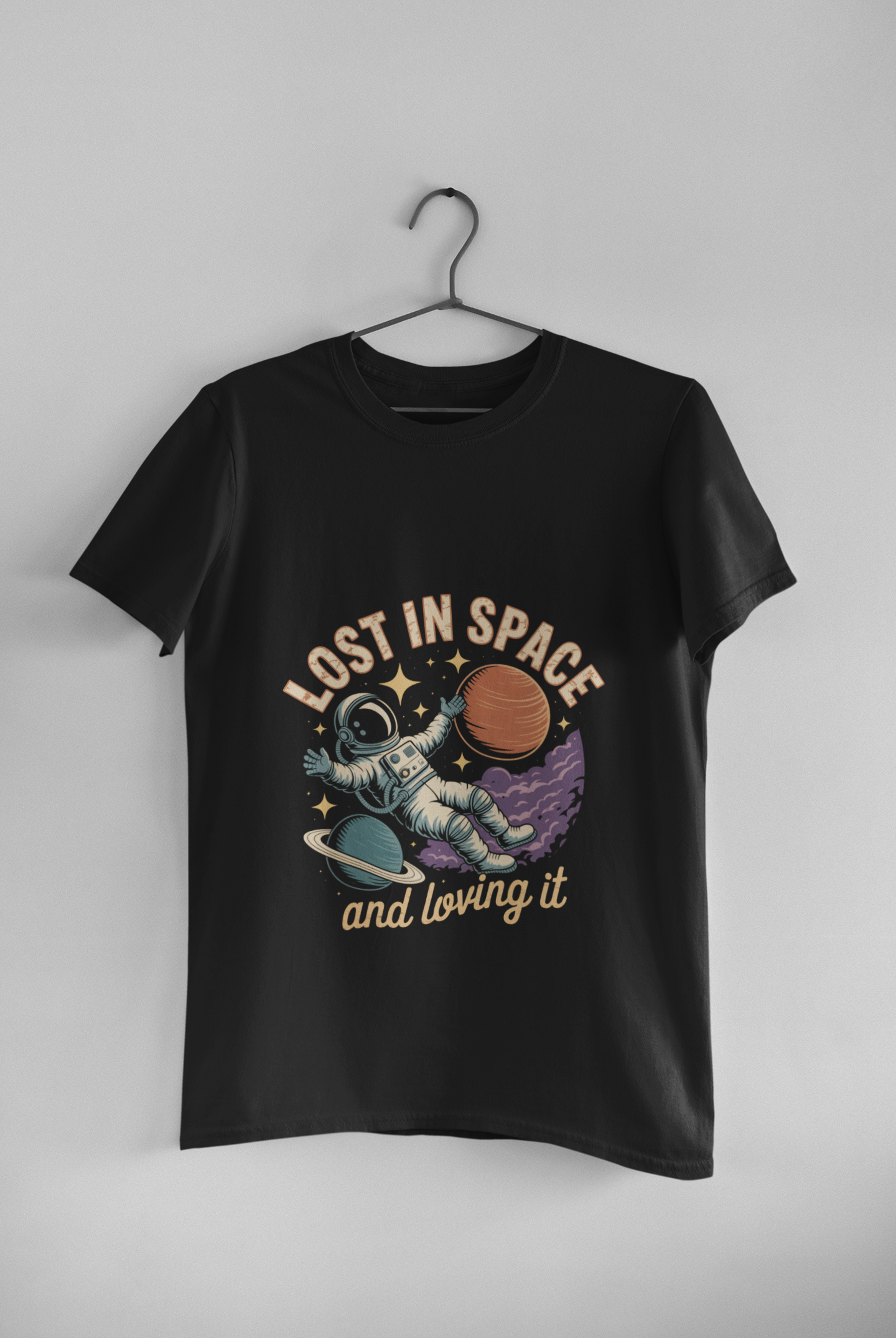 Lost in Space — vintage dark illustration unisex tee on wall hanger