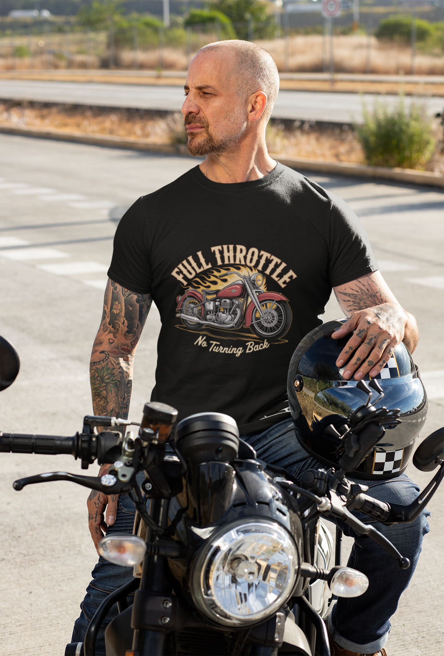 Full Throttle — vintage motorcycle tee worn by tattooed man on motorcycle